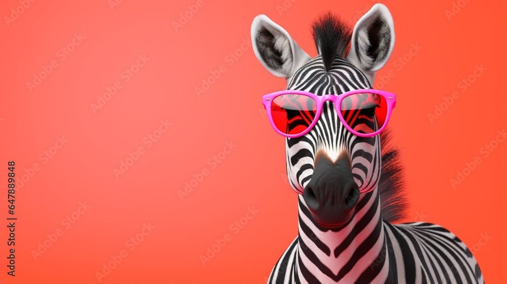 Create a chic zebra with sunglasses, against a vibrant coral background.