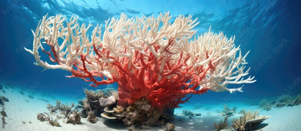 Formation of fire coral and antler coral in Rangiroa in 2012 With copyspace for text