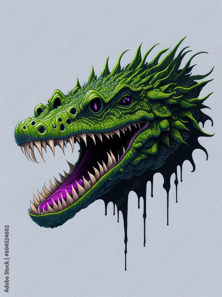 Illustration of a fierce green dragon with an open mouth created with Generative AI technology