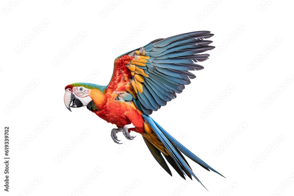 macaw flying with its wings spread