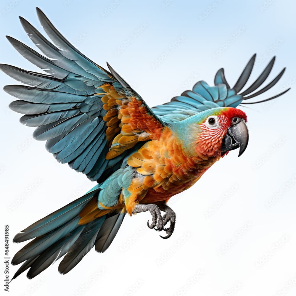 Vibrant parrot soars through the sky